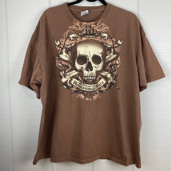 Pennsylvania Renaissance Faire Skull Pirate Graphic Printed Brown T-shirt 2XL - Picture 1 of 5